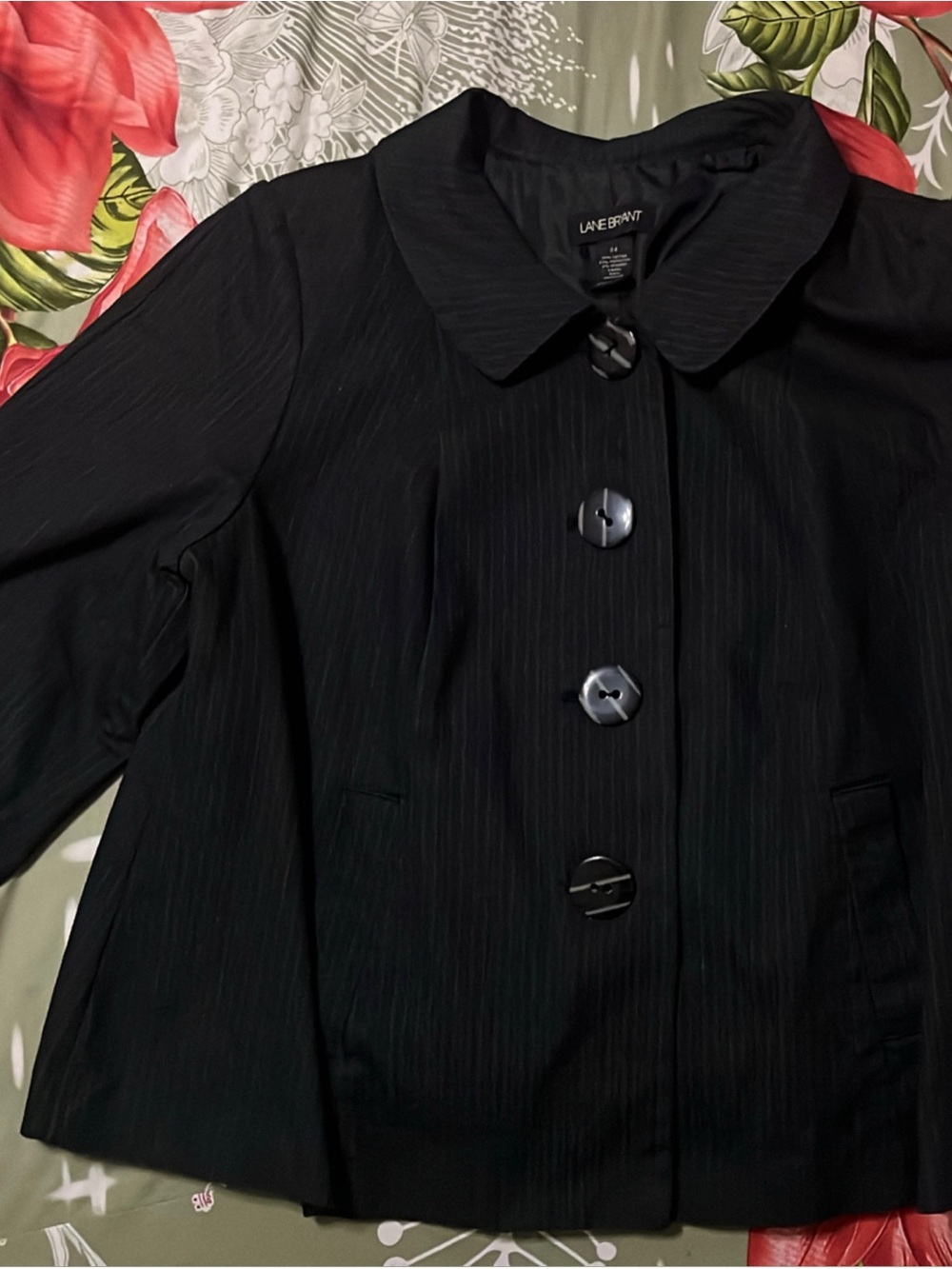 Lane Bryant Size 24 Black Pinstripe Blazer Big Button 3/4 Sleeve